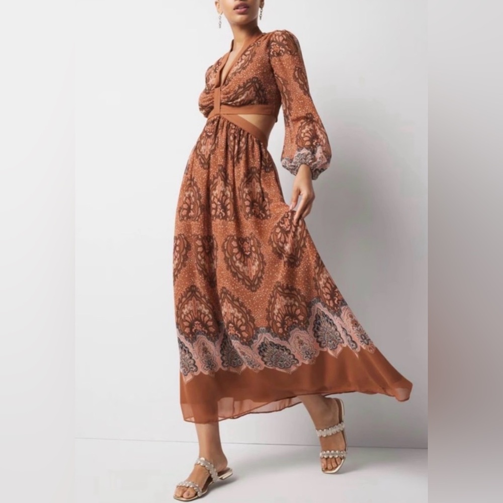 NWT WHBM Long-Sleeve V-Neck Cutout Midi Palace Placed Sahara Dress